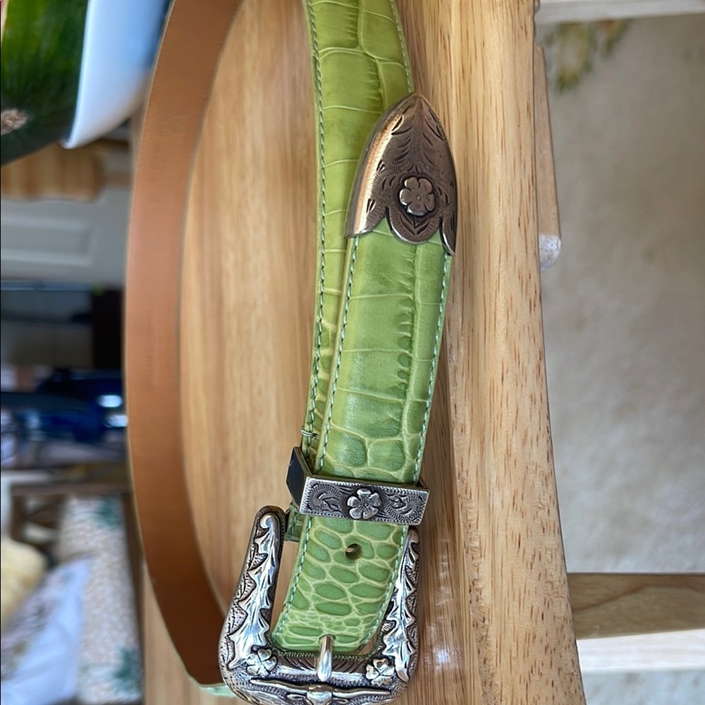Green Crocodile Embossed Belt with Silver Buckle